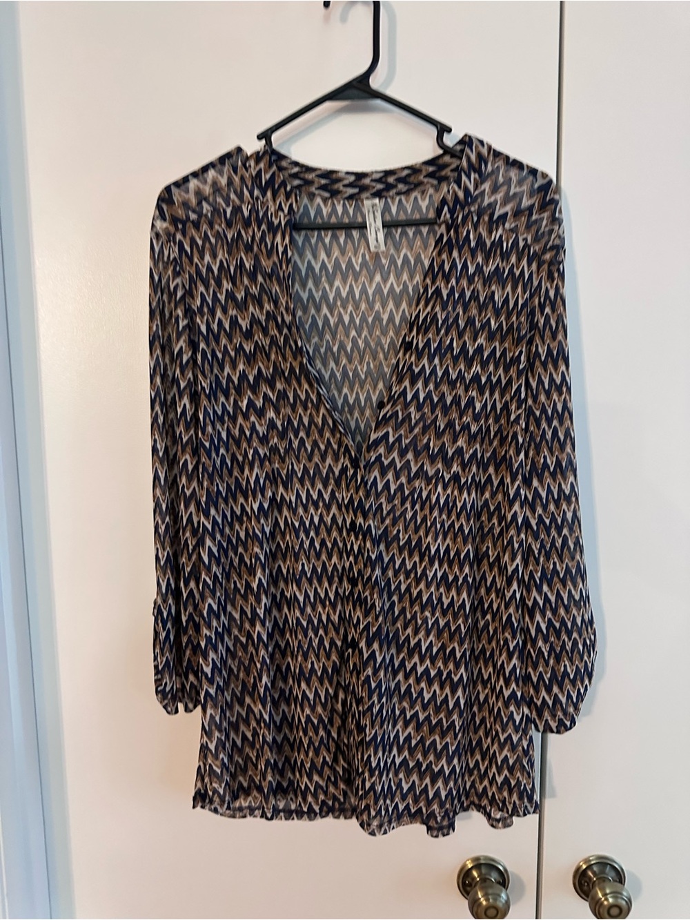 PerSeption Concept Chevron V-Neck Blouse in Navy and Taupe